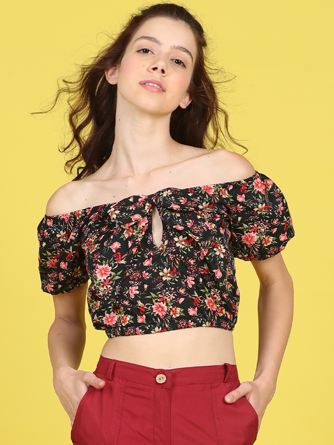 

Cutiekins Floral Print Off-Shoulder Puff Sleeve Crop Top, Black