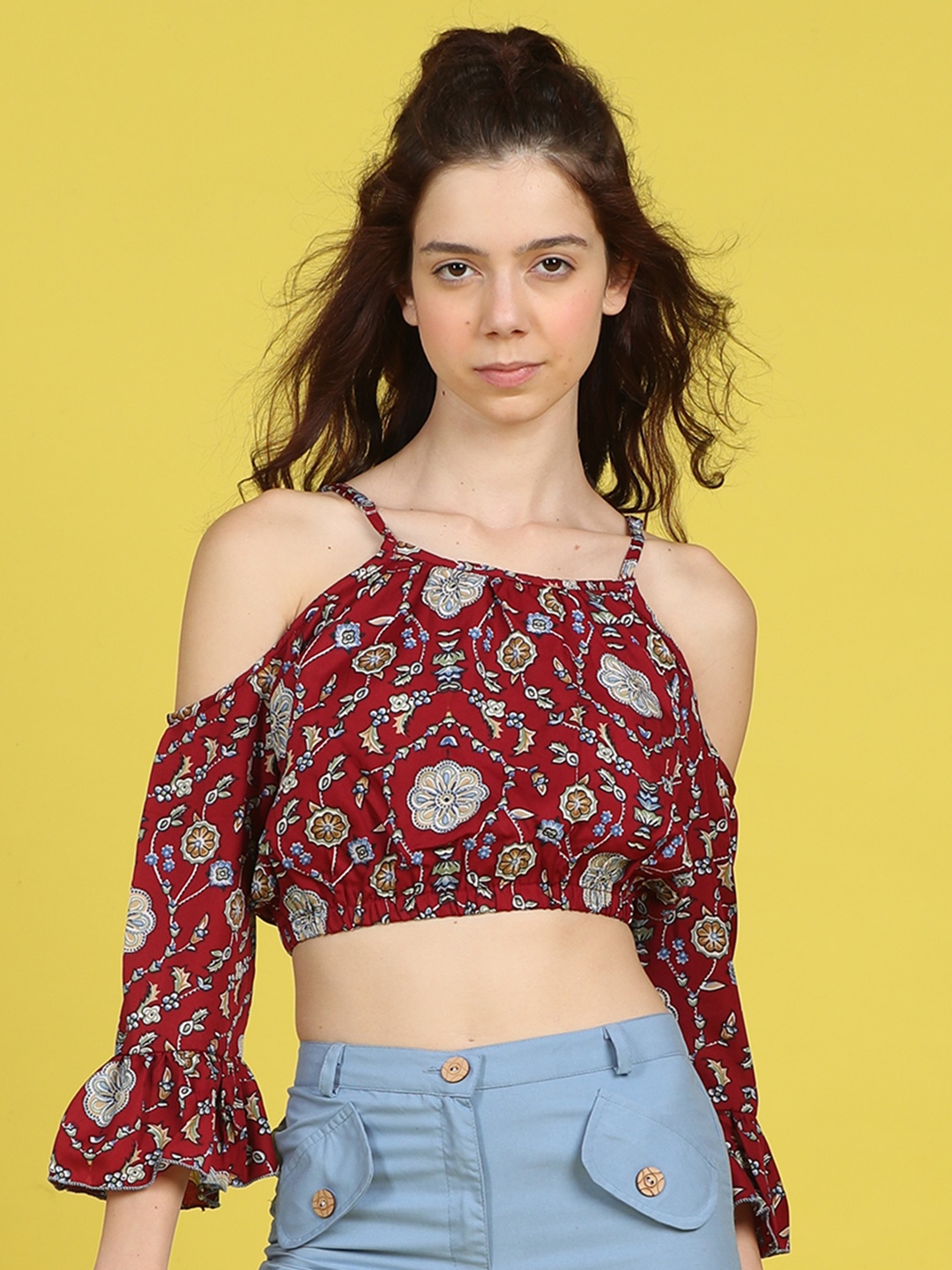 

Cutiekins Girls Floral Printed Shoulder Straps Crop Top, Maroon