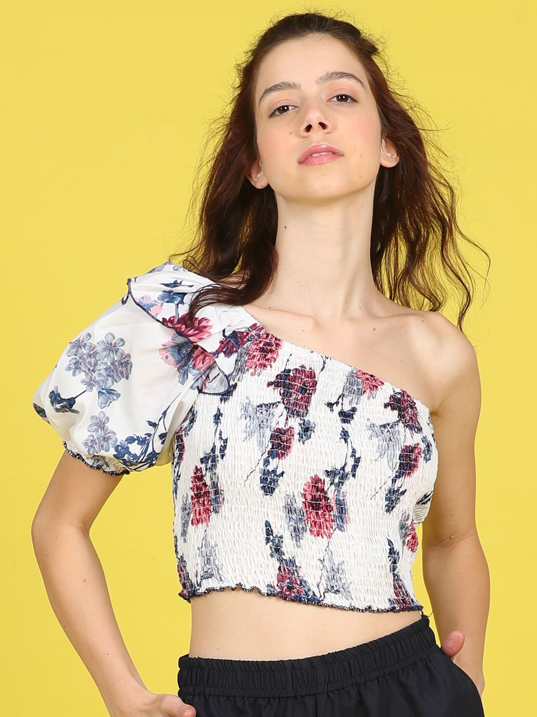

Cutiekins Girls Floral Print One Shoulder Puff Sleeve Crop Top, Off white