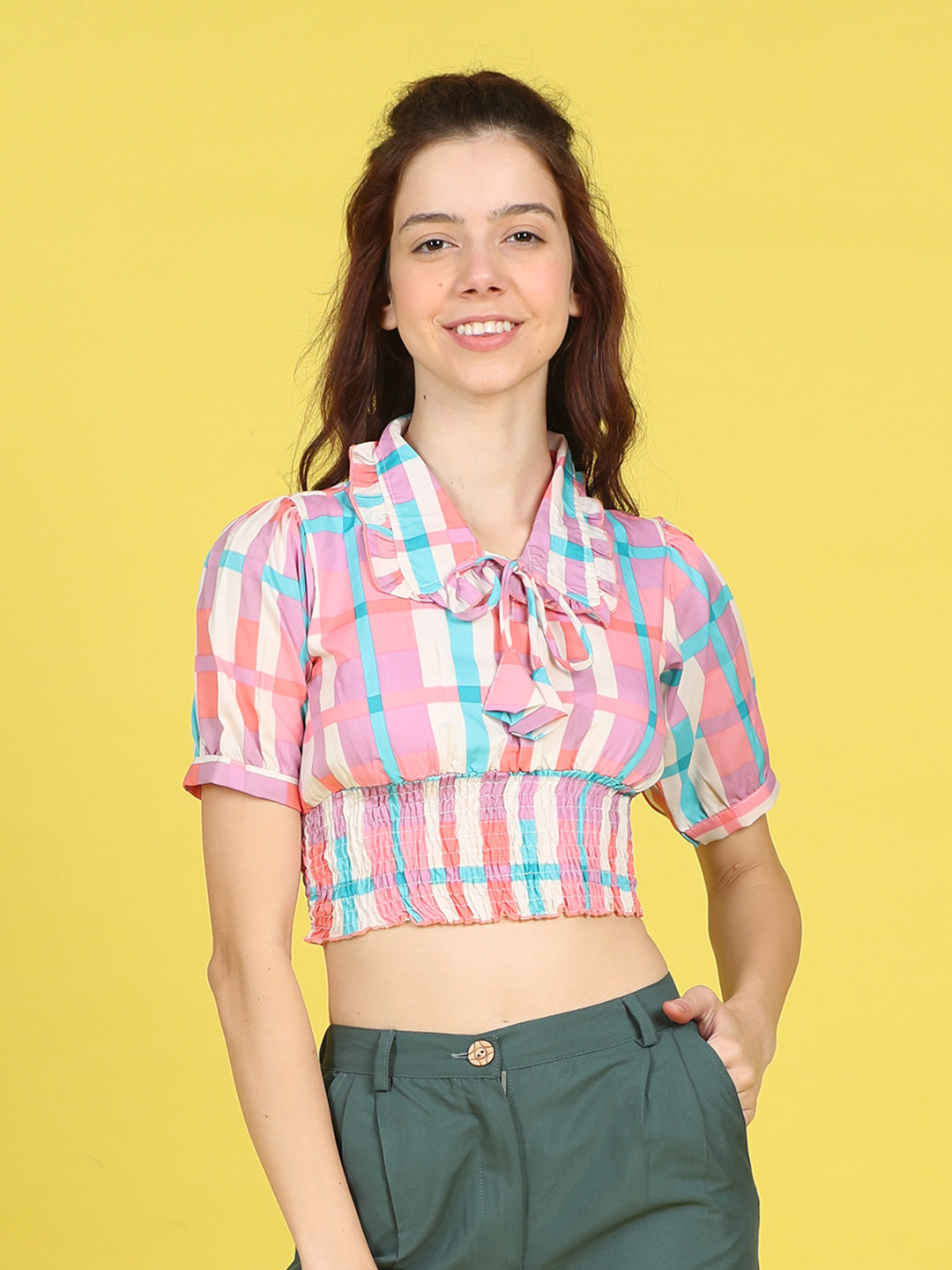 

Cutiekins Girls Printed Puff Sleeve Crop Top, Pink