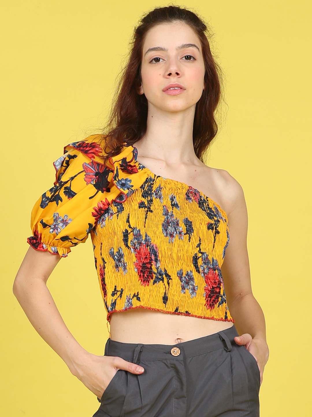 

Cutiekins Girls Floral Print One Shoulder Puff Sleeve Crop Top, Mustard