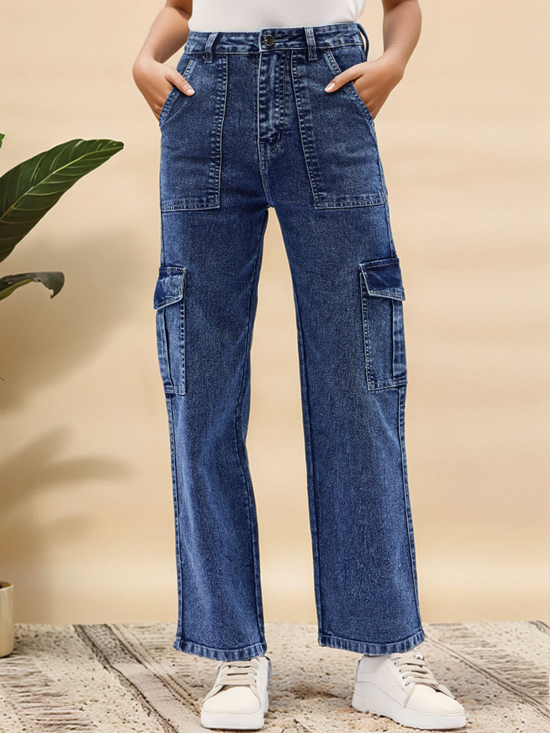 

Mast & Harbour Women Straight Fit Stretchable Cargo Styles Jeans, Blue