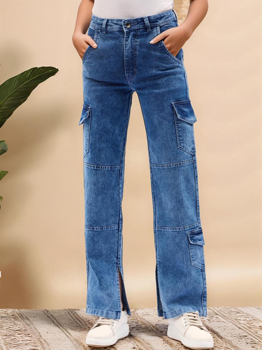

Mast & Harbour Women Straight Fit High-Rise Cargo Styles Cotton Jeans, Blue