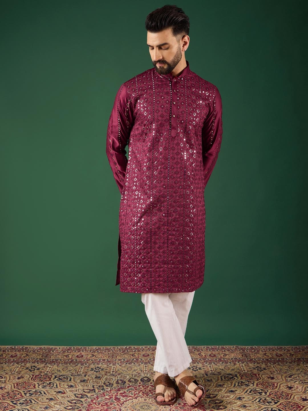 

Anouk Men Geometric Mirror Work Kurta, Red