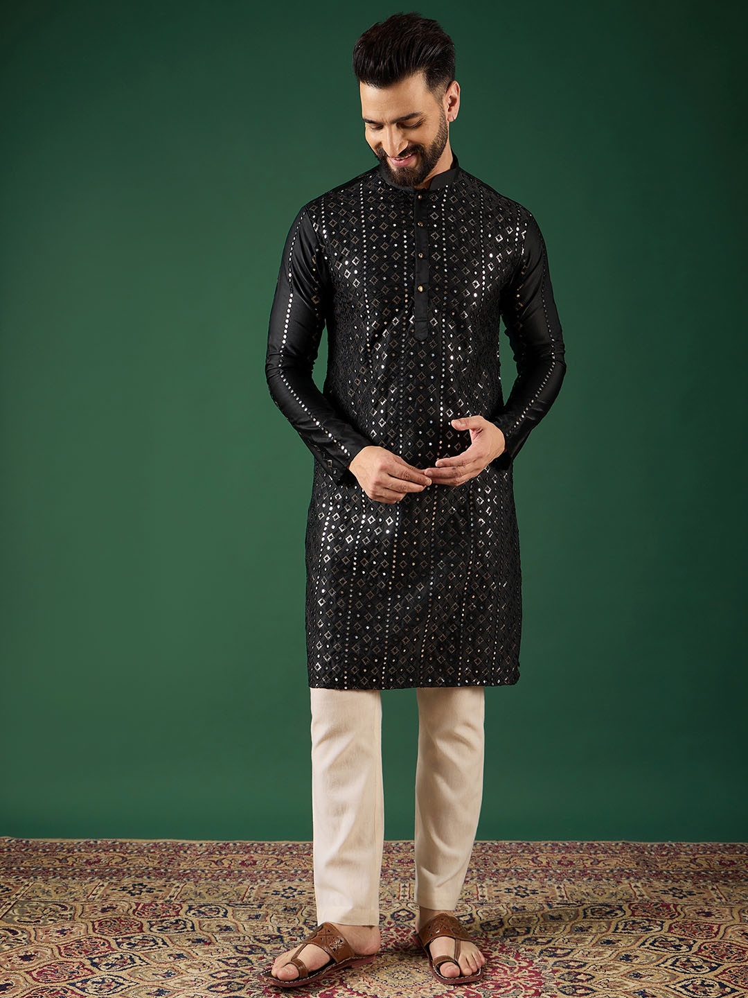 Anouk Men Mirror Work Kurta, Black