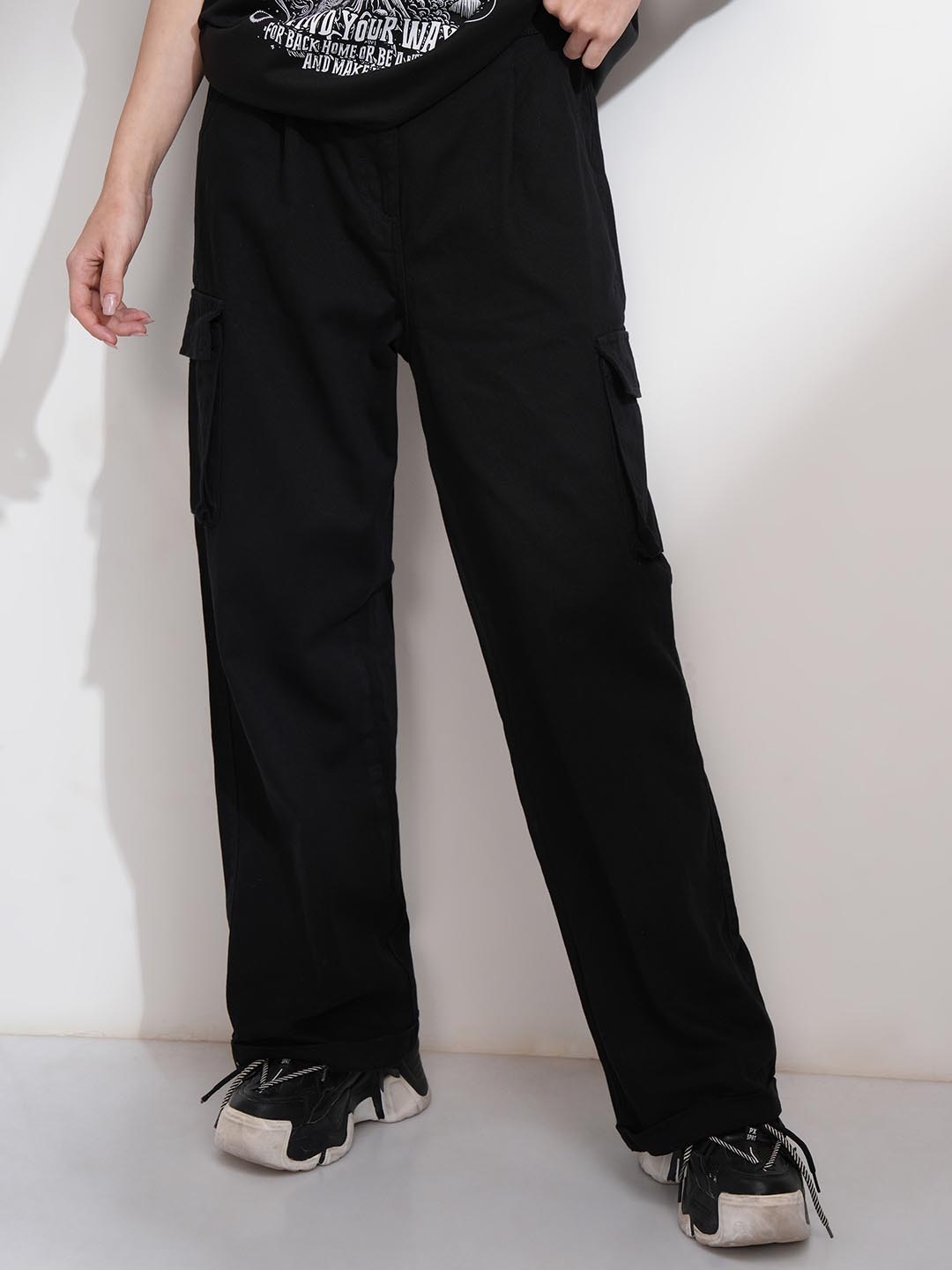 

Tokyo Talkies Women Cargo Wide Leg With Back Elastic Waist Band, Black