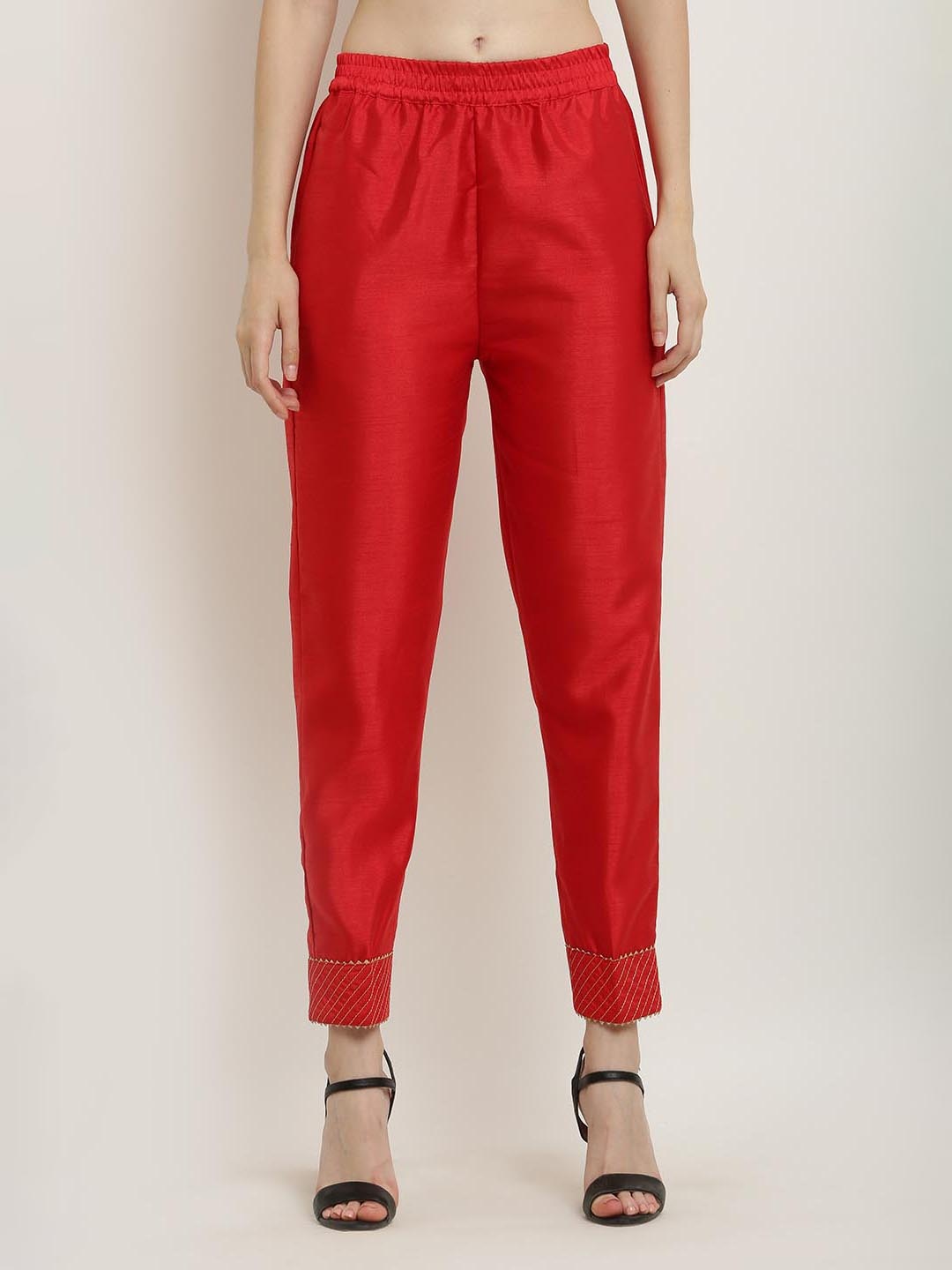 

FLOREOS Women Textured Comfort Easy Wash Trousers, Red