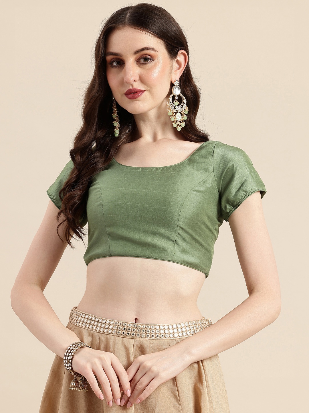 

Ethnovog Solid Ready To Wear Art Silk Blouse, Green