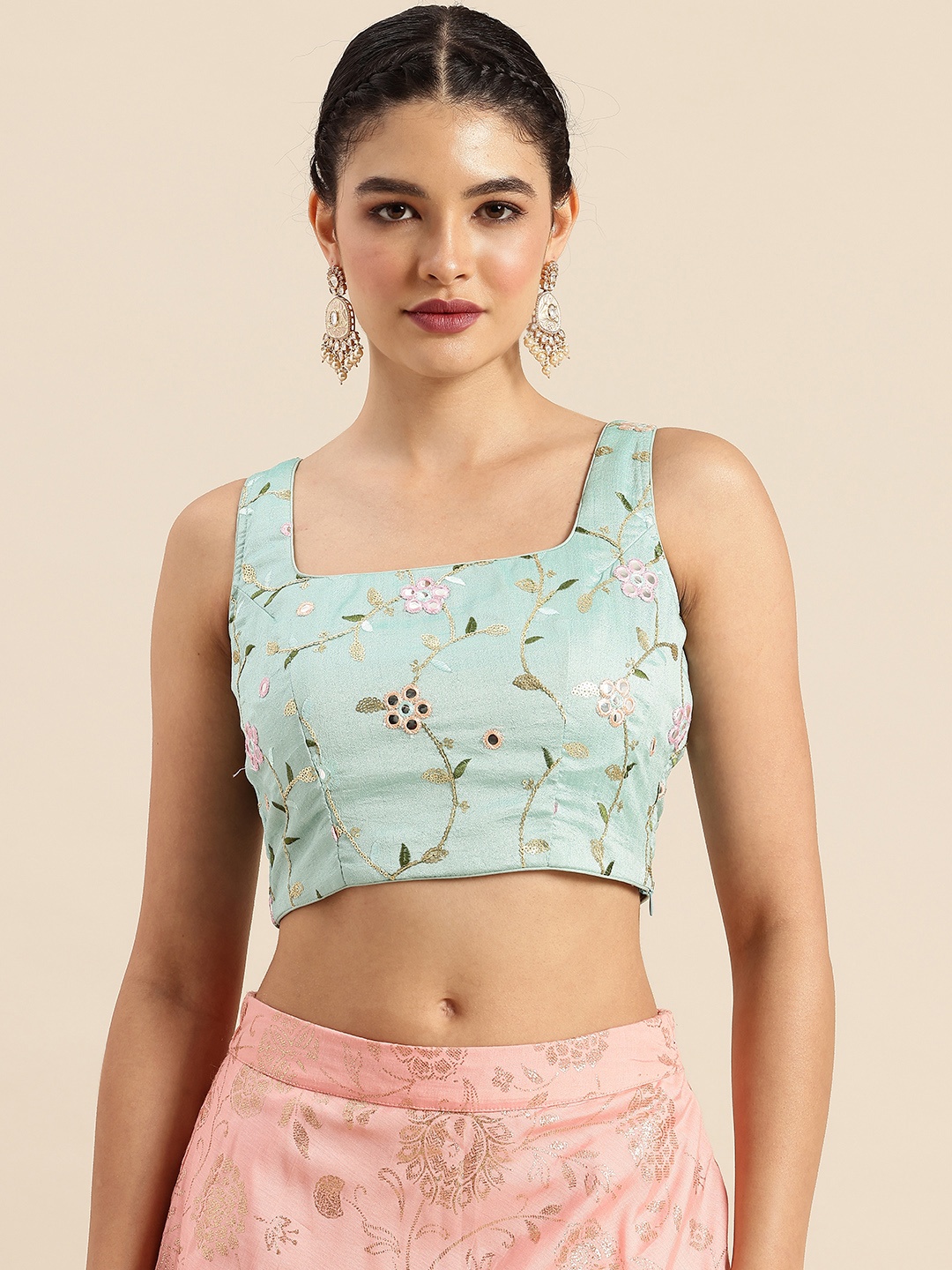 

Ethnovog Embroidered Ready To Wear Sleeveless Blouse, Sea green