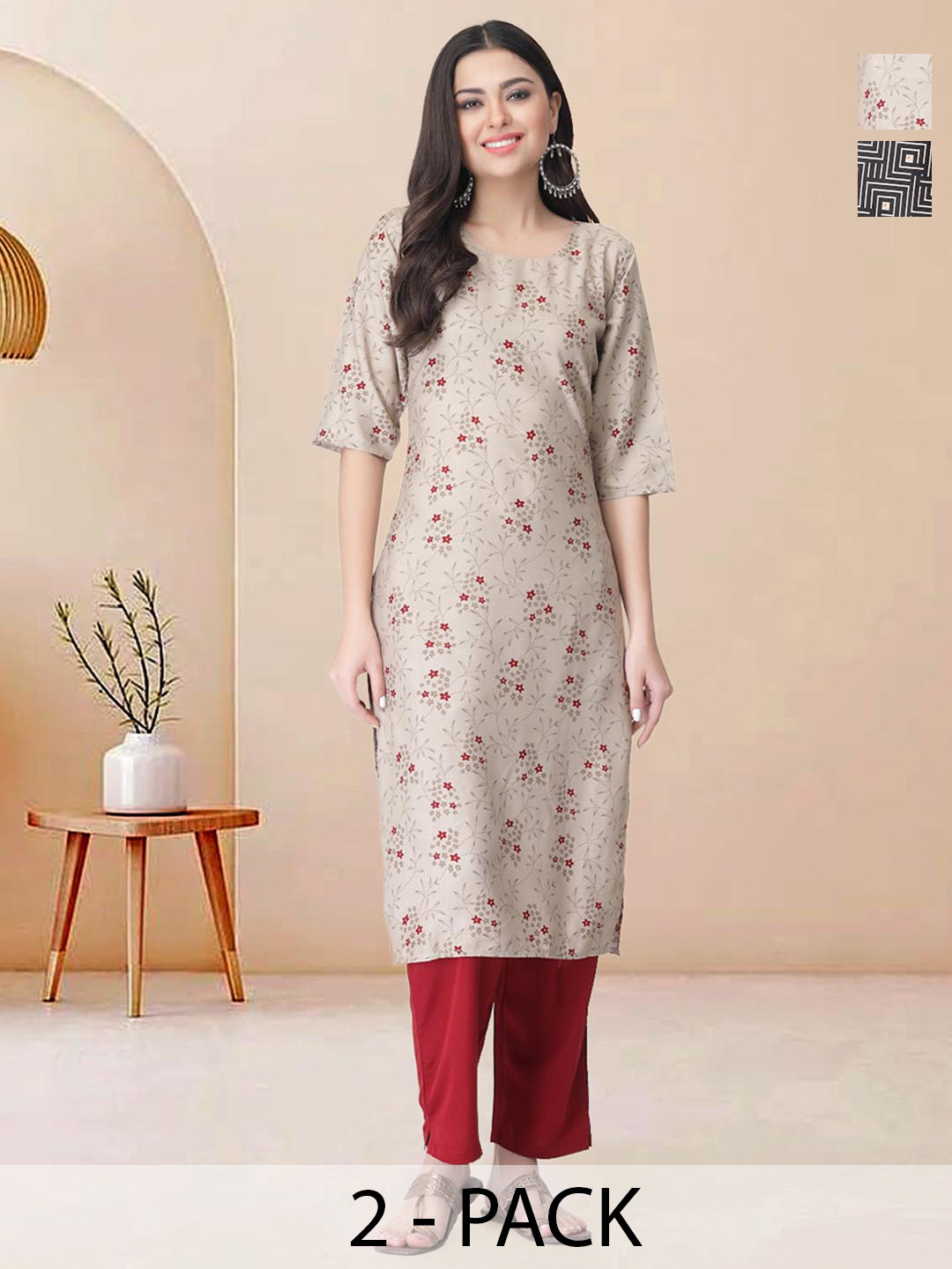 

Moda Rapido Pack of 2 Printed Straight Kurta with Trousers, Beige
