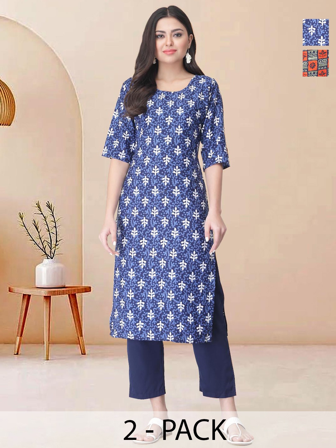 

Moda Rapido Pack of 2 Printed Straight Kurta with Trousers, Blue
