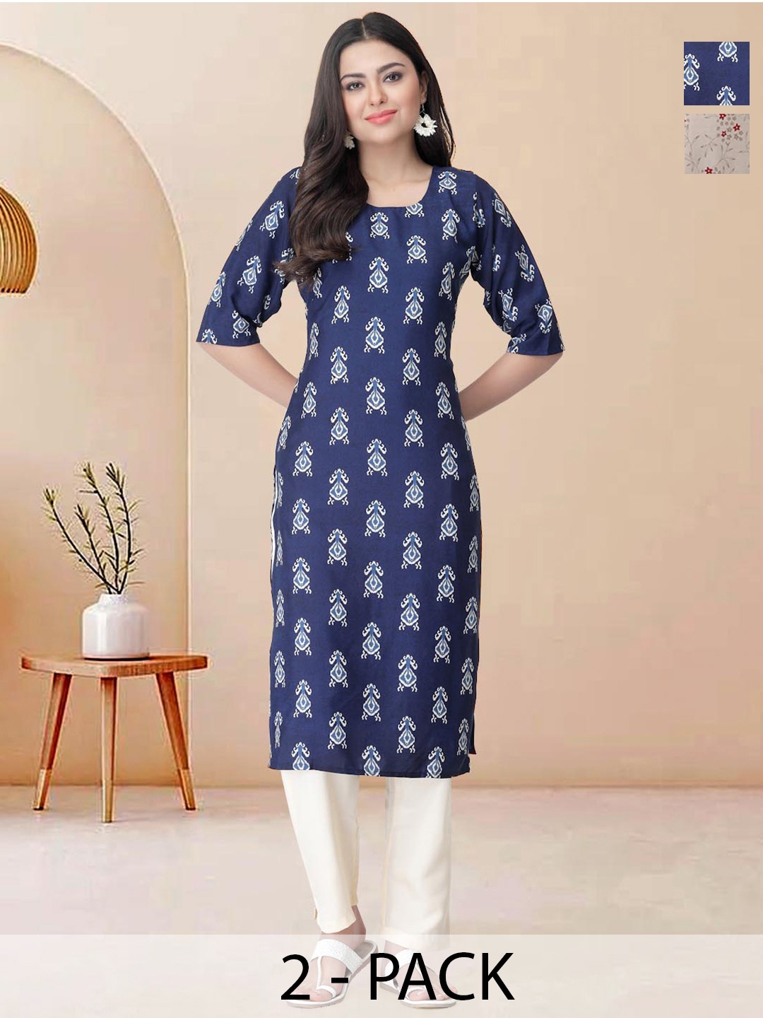

Moda Rapido Pack of 2 Printed Straight Kurta with Trousers, Cream