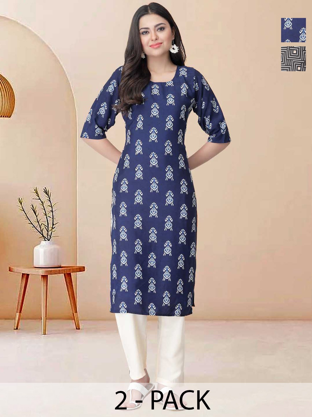 

Moda Rapido Pack of 2 Printed Straight Kurta with Trousers, Grey