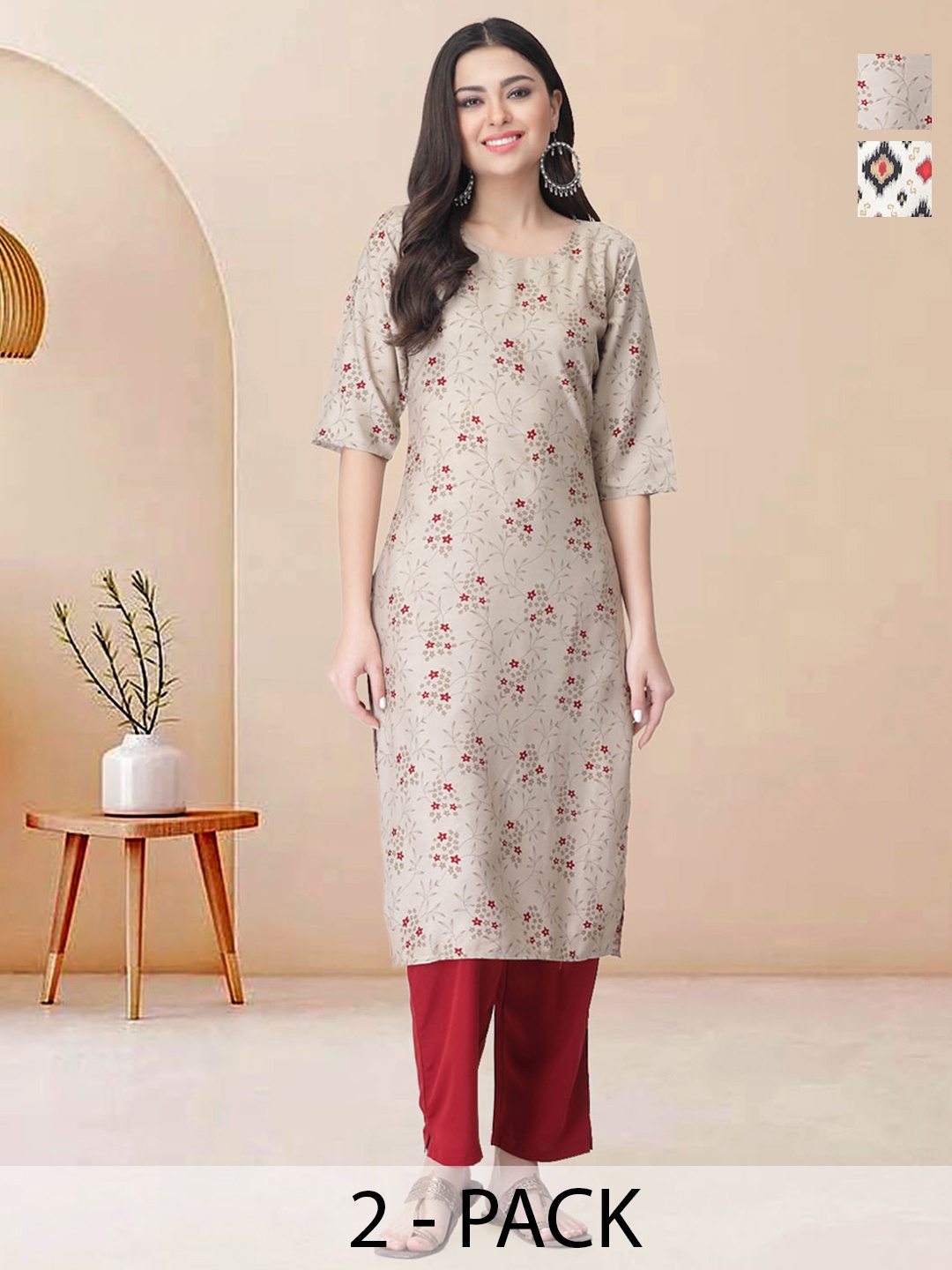 

Moda Rapido Pack of 2 Printed Straight Kurta with Trousers, Beige