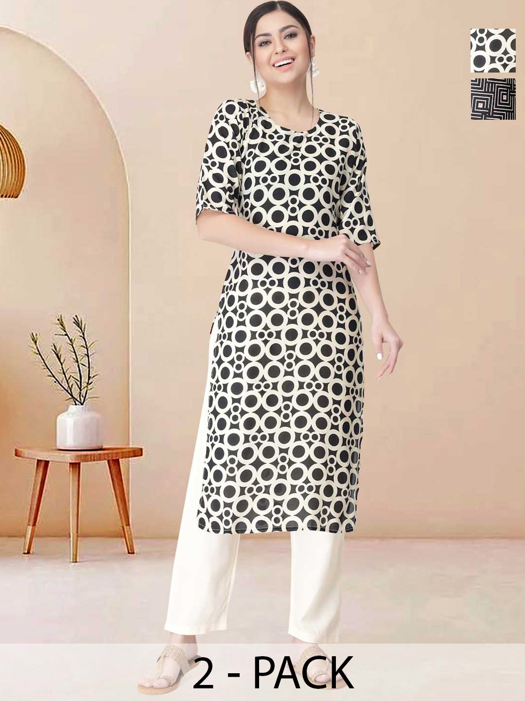 

Moda Rapido Pack of 2 Printed Straight Kurta with Trousers, Black