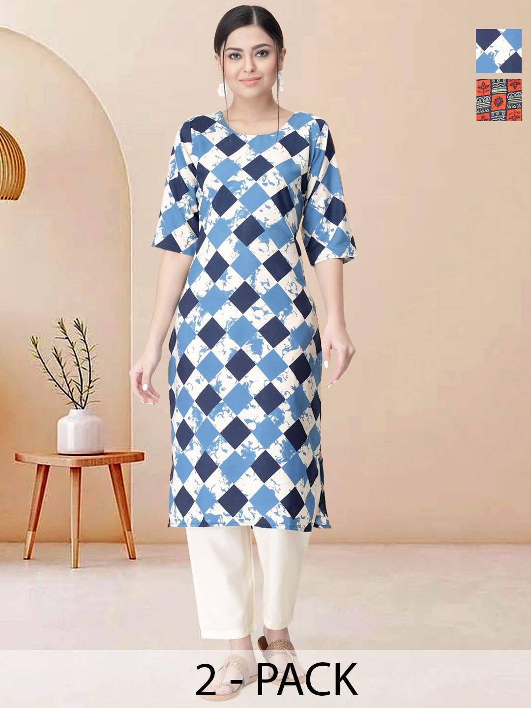 

Moda Rapido Pack of 2 Printed Straight Kurta with Trousers, Blue