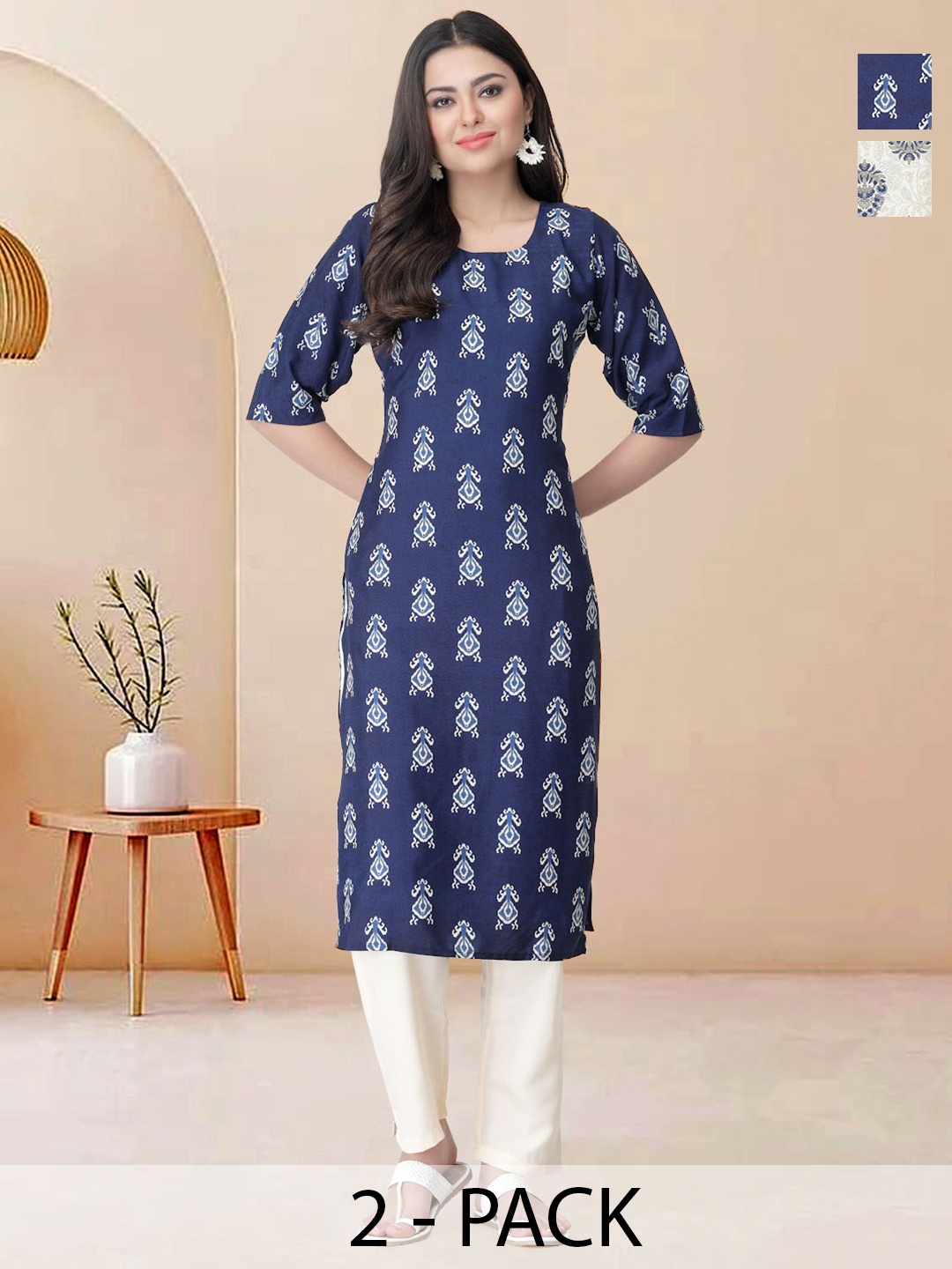 

Moda Rapido Pack of 2 Printed Straight Kurta with Trousers, White