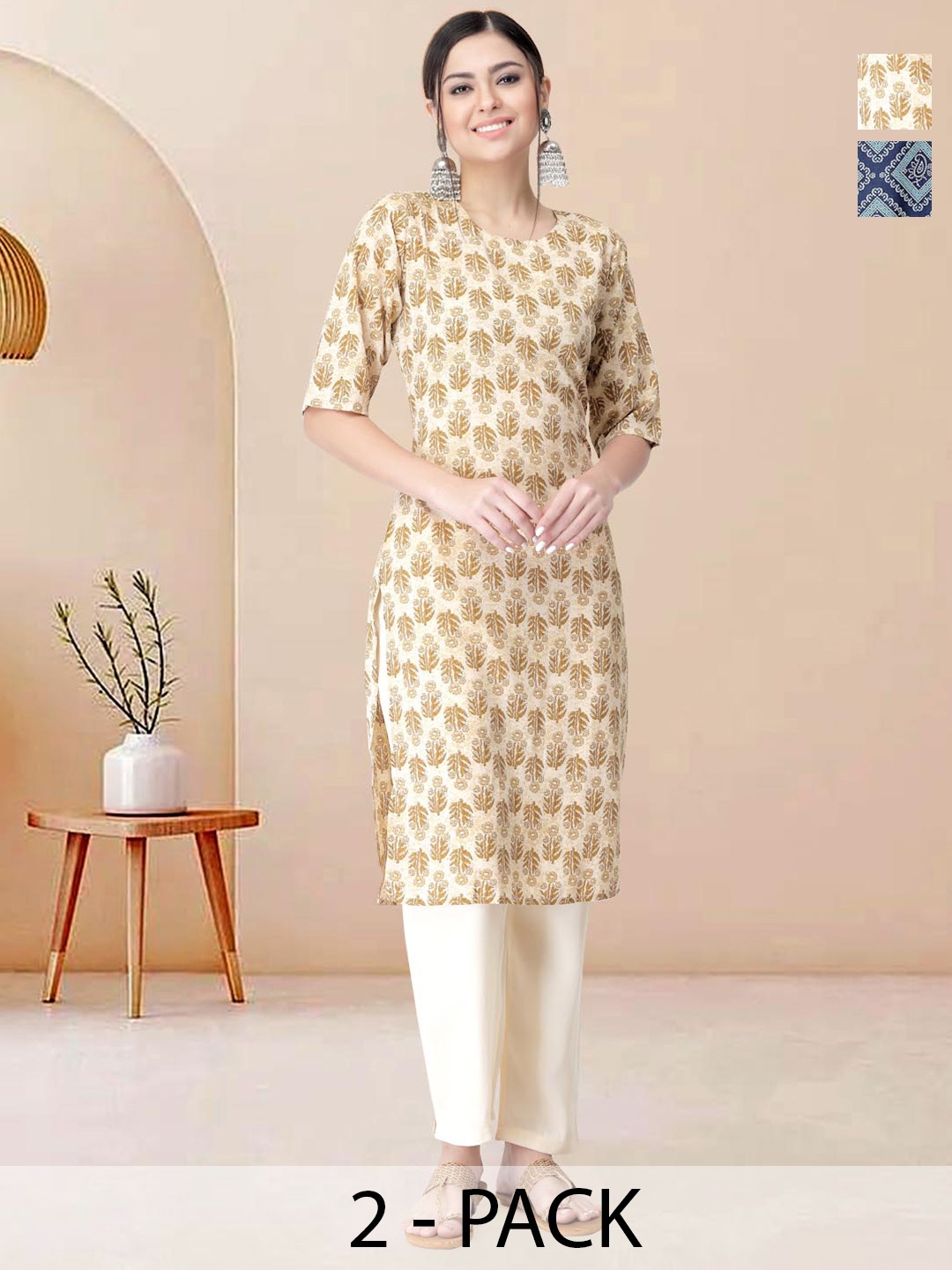 

Moda Rapido Pack of 2 Printed Straight Kurta with Trousers, Yellow