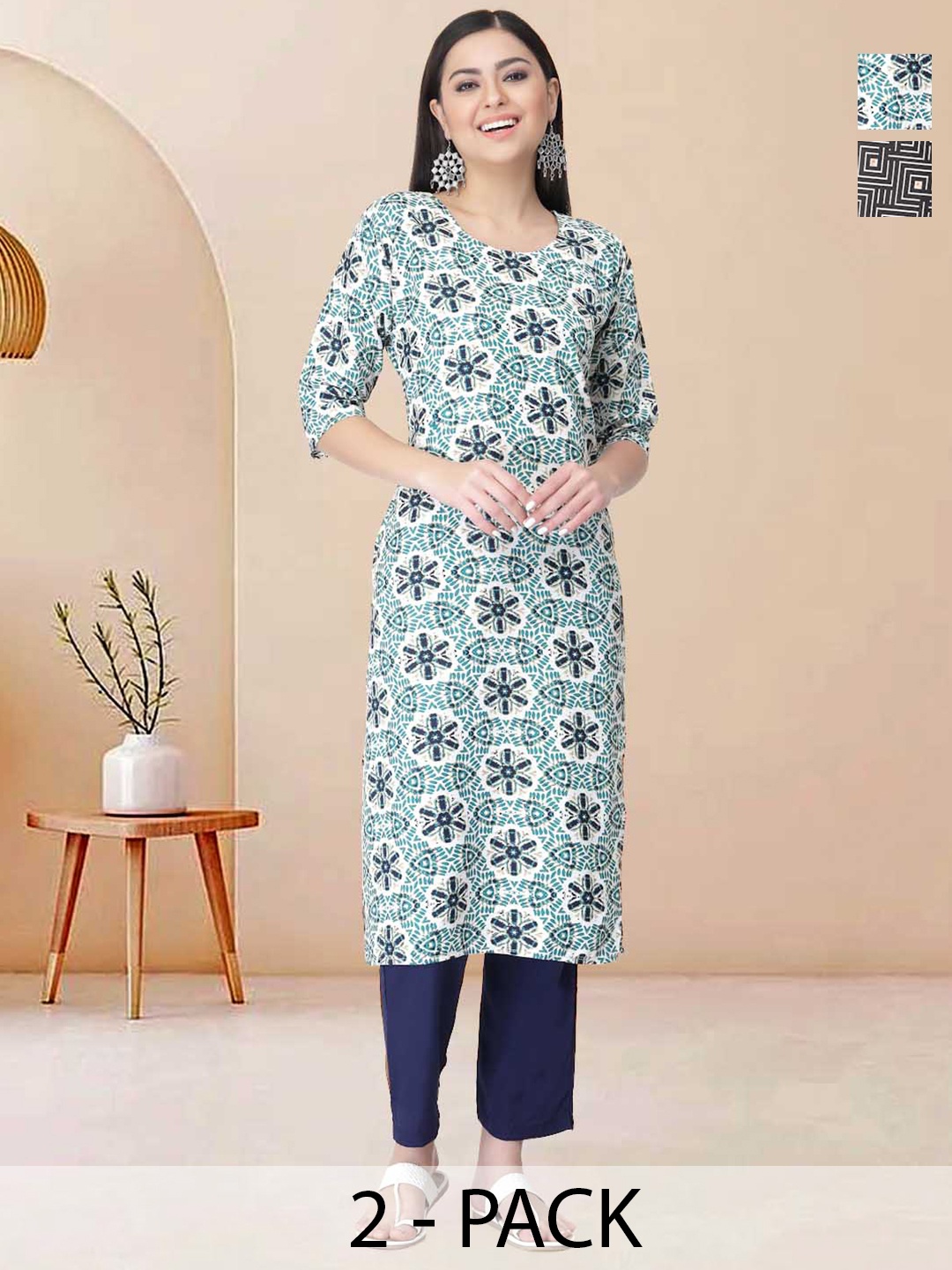 

Moda Rapido Pack of 2 Printed Straight Kurta with Trousers, Black