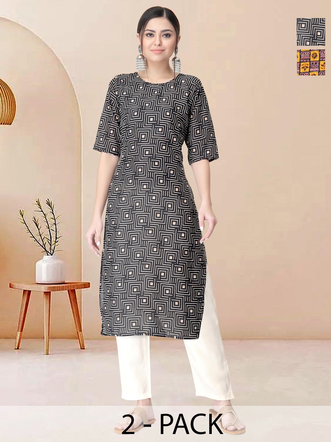 

Moda Rapido Pack of 2 Printed Straight Kurta with Trousers, Black