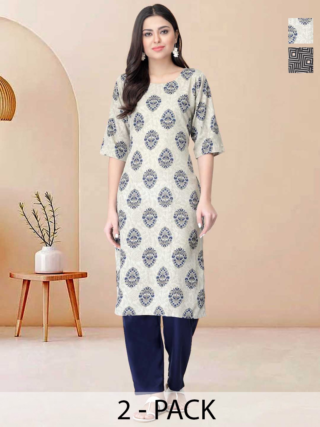 

Moda Rapido Pack of 2 Printed Straight Kurta with Trousers, Off white