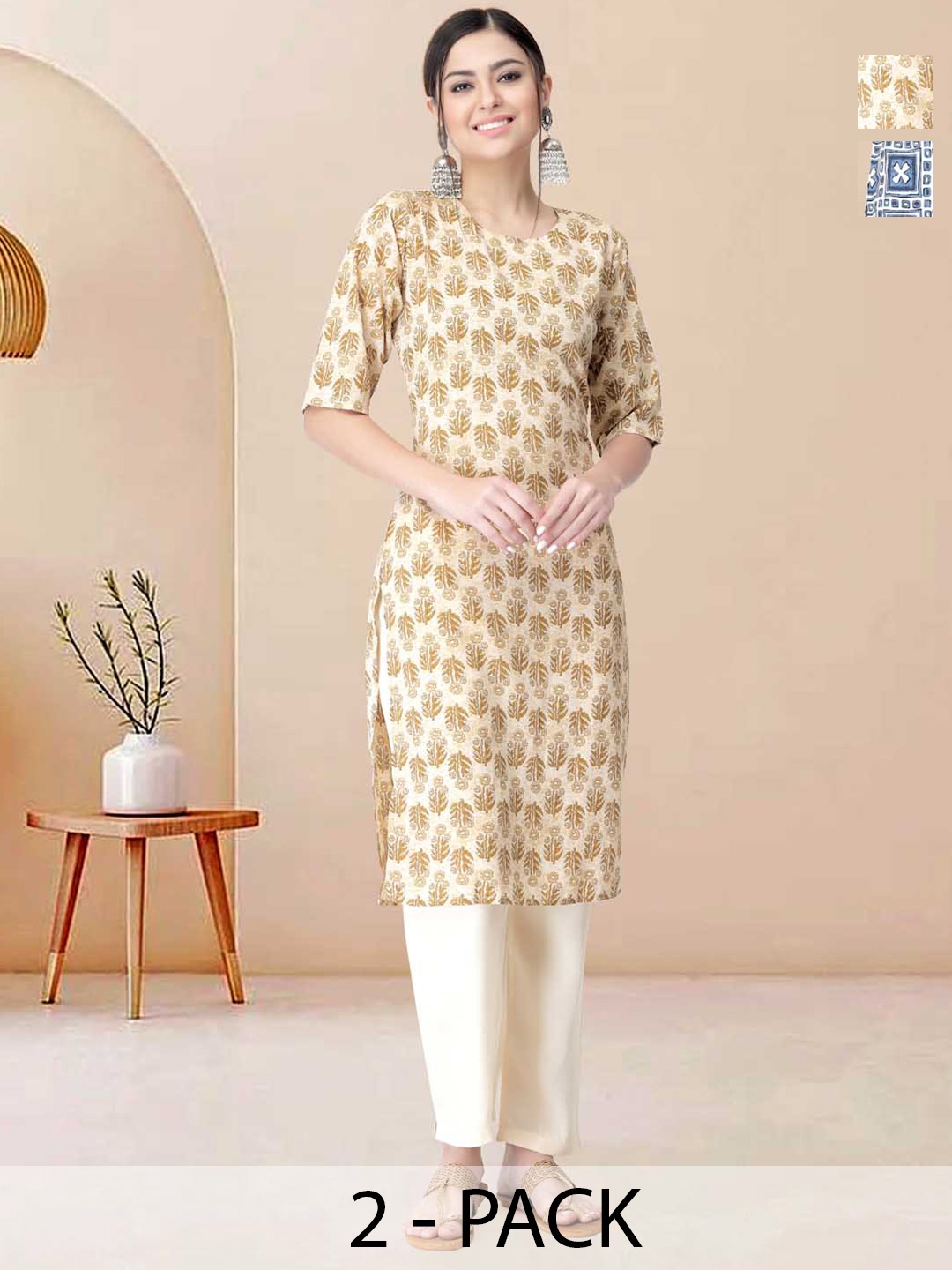 

Moda Rapido Pack of 2 Printed Straight Kurta with Trousers, Yellow