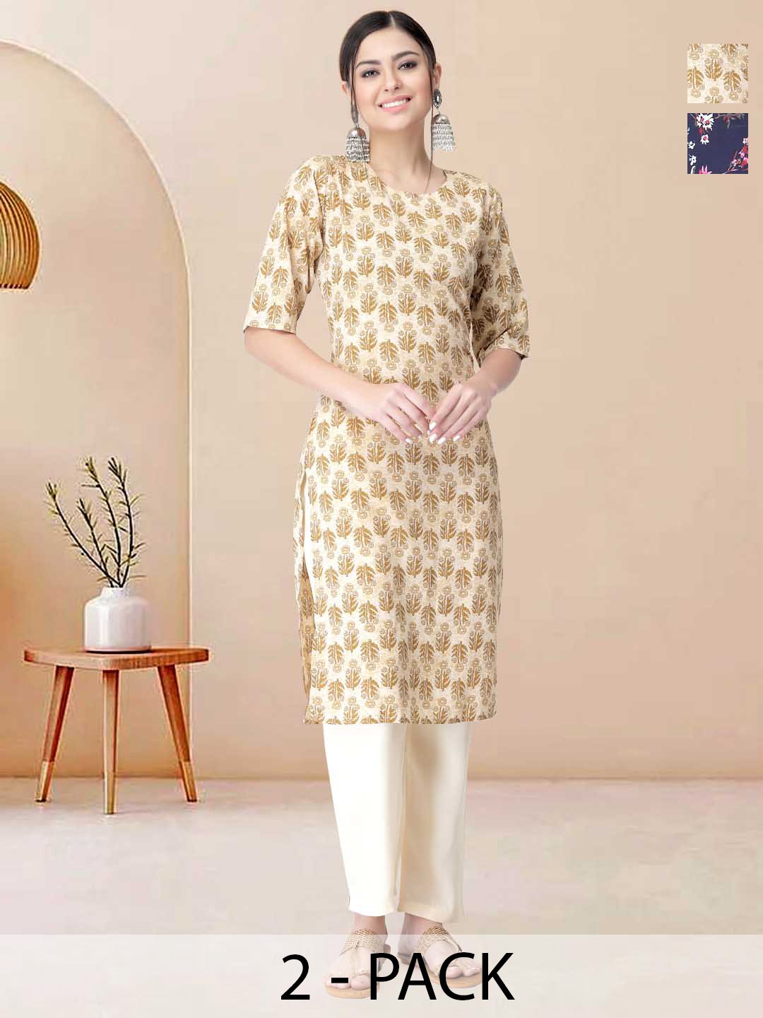 

Moda Rapido Pack of 2 Printed Straight Kurta with Trousers, Navy blue
