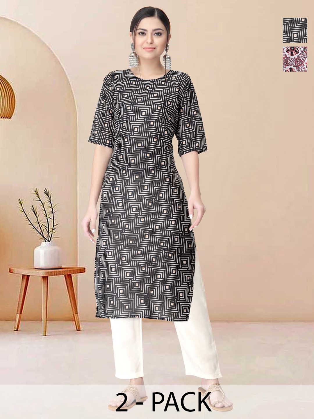 

Moda Rapido Pack of 2 Printed Straight Kurta with Trousers, Black