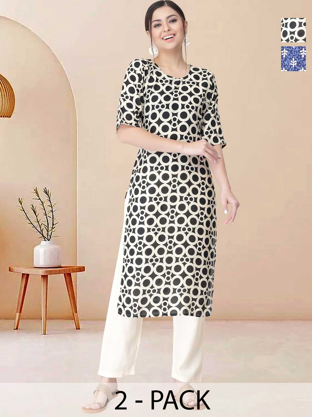 

Moda Rapido Pack of 2 Printed Straight Kurta with Trousers, Black