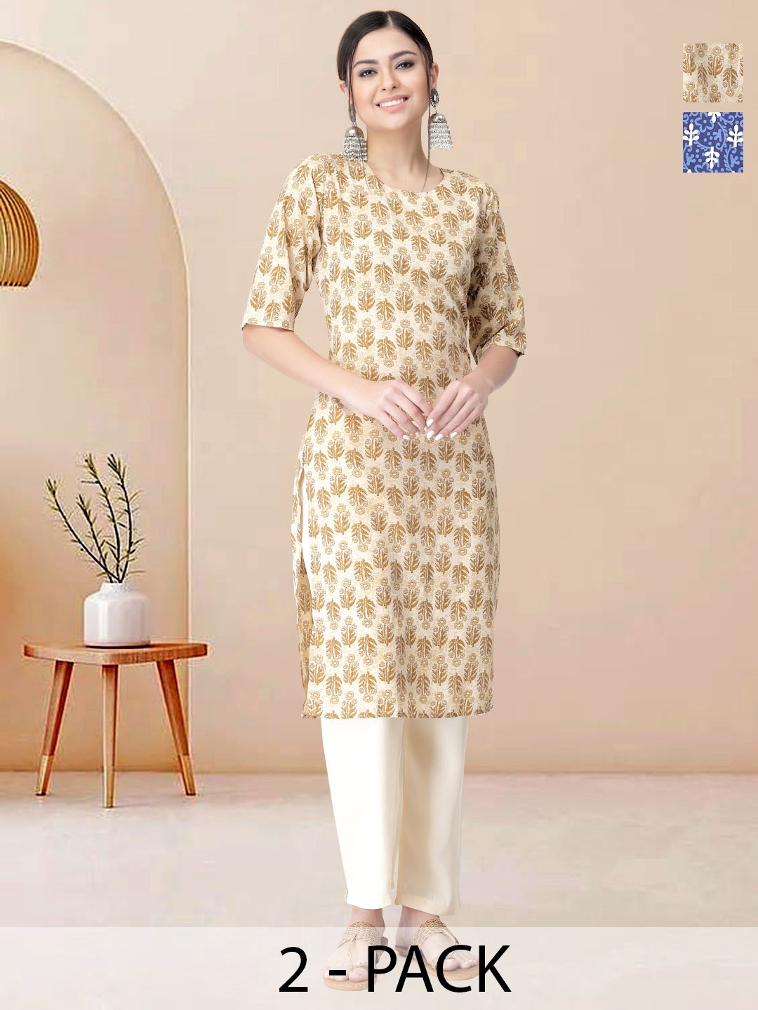 

Moda Rapido Pack of 2 Printed Straight Kurta with Trousers, Yellow