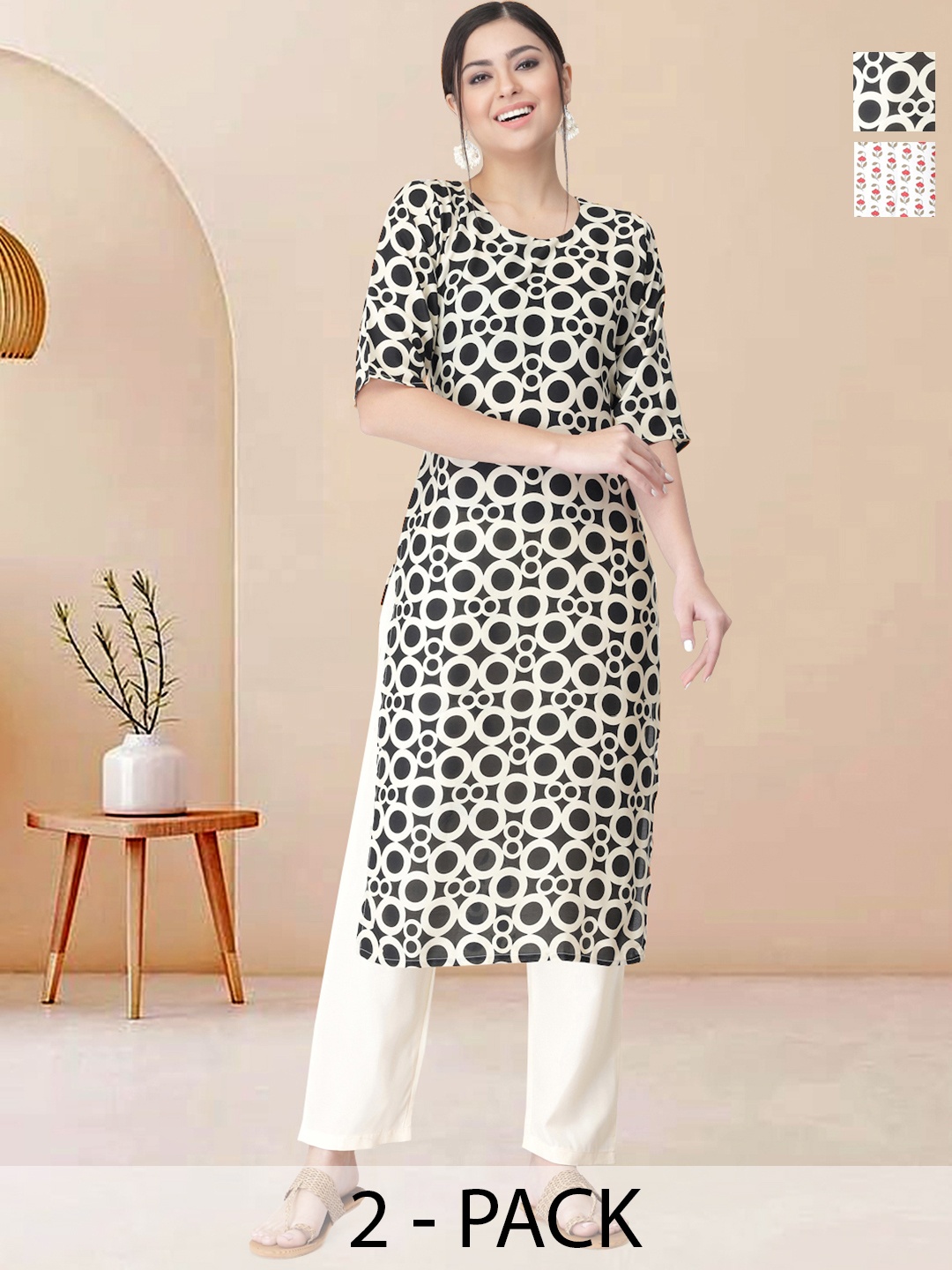 

Moda Rapido Pack of 2 Printed Straight Kurta with Trousers, Cream
