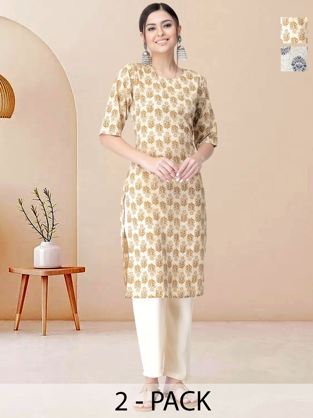 

Moda Rapido Pack of 2 Printed Straight Kurta with Trousers, Grey