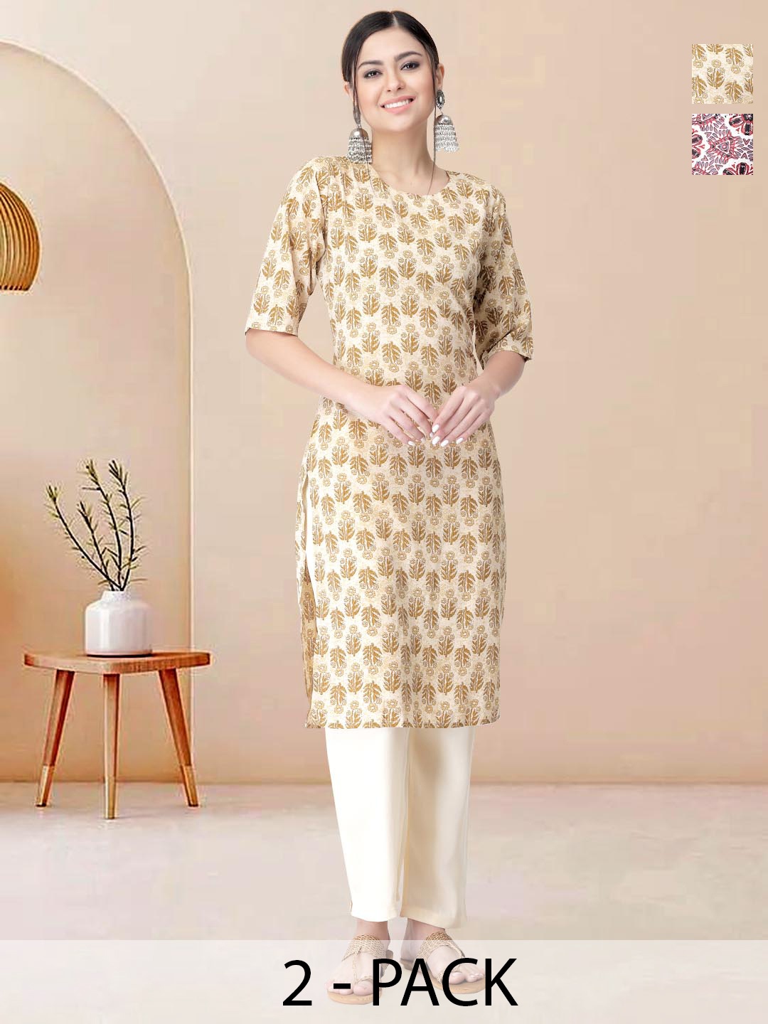 

Moda Rapido Pack of 2 Printed Straight Kurta with Trousers, Pink