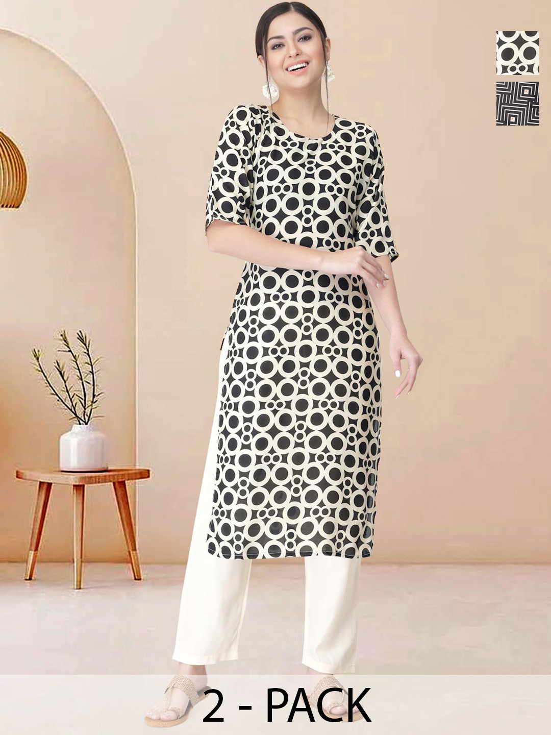 

Moda Rapido Pack of 2 Printed Straight Kurta with Trousers, Beige