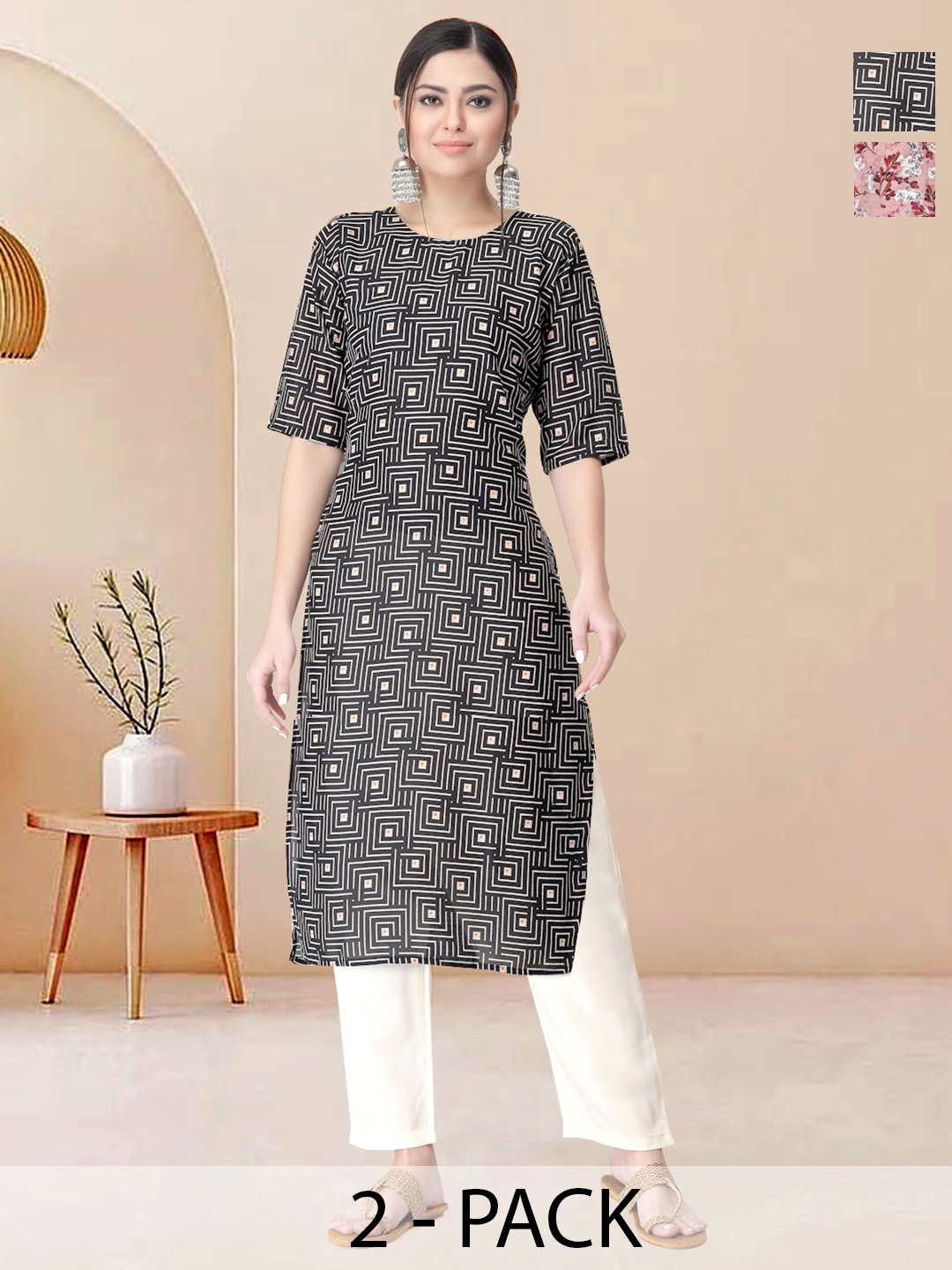 

Moda Rapido Pack of 2 Printed Straight Kurta with Trousers, Black