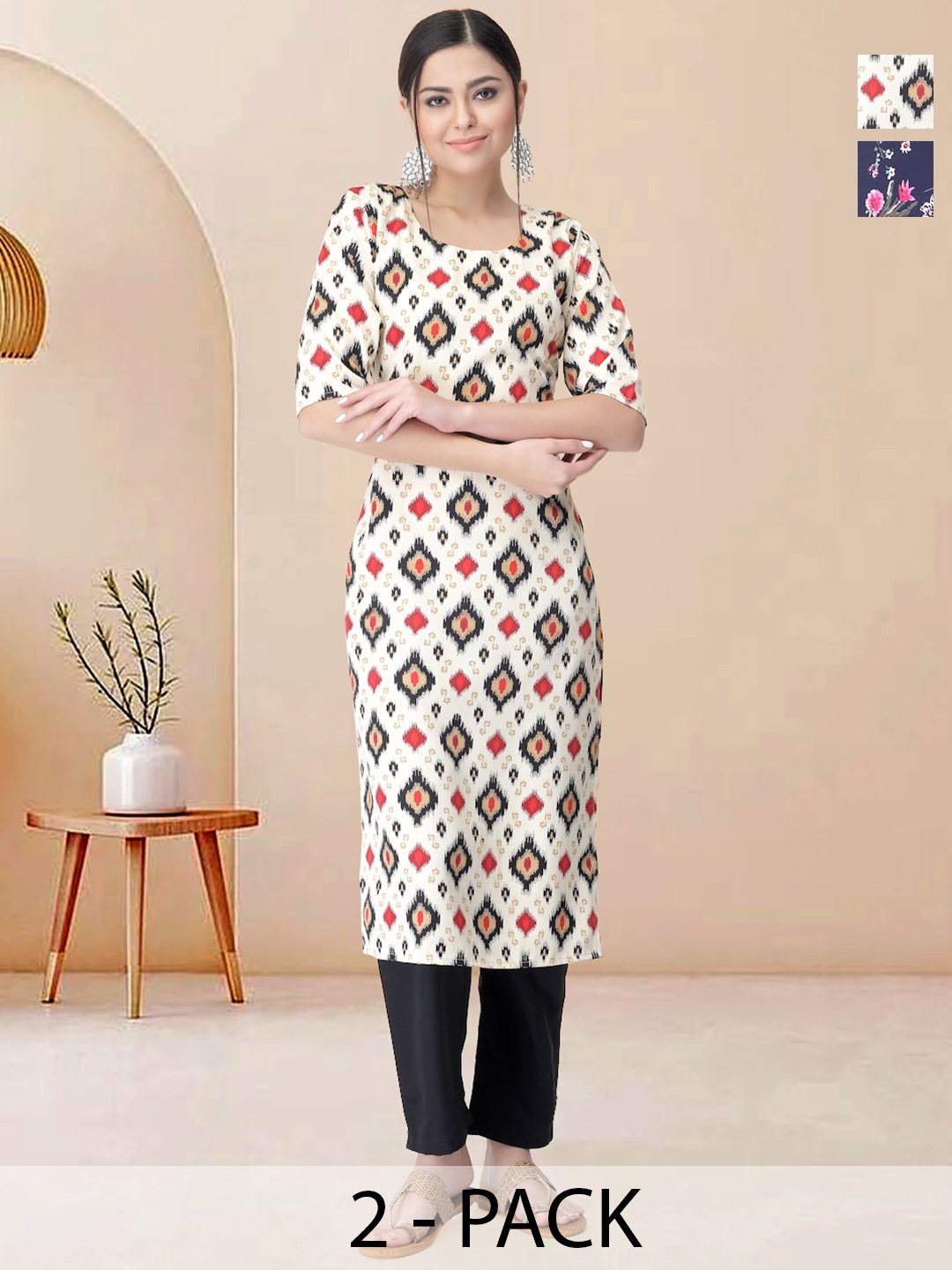 

Moda Rapido Pack of 2 Printed Straight Kurta with Trousers, White