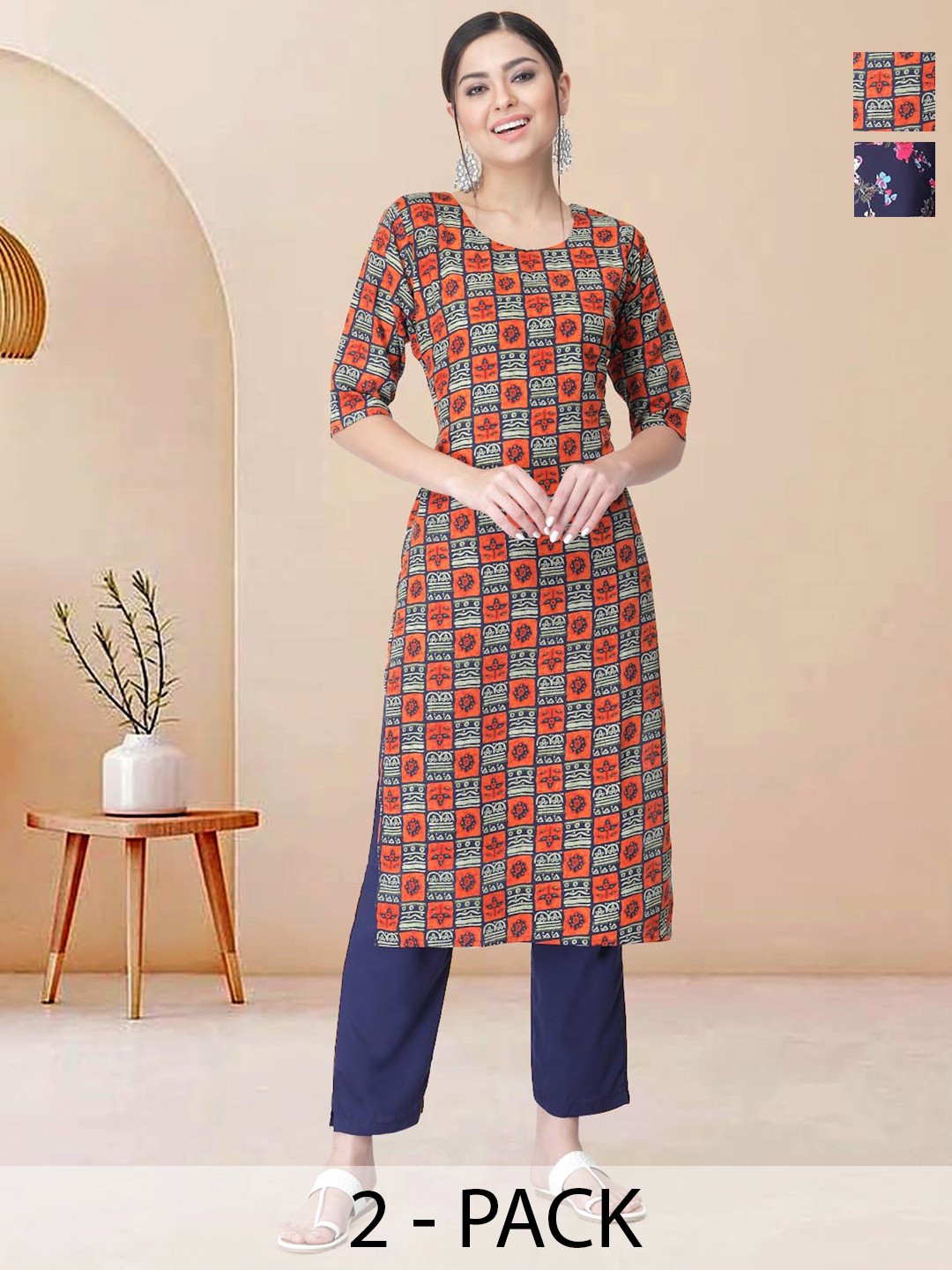 

Moda Rapido Pack of 2 Printed Straight Kurta with Trousers, Navy blue