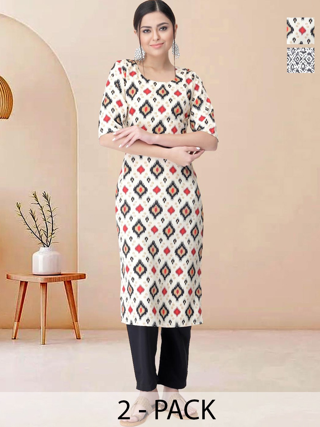 

Moda Rapido Pack of 2 Printed Straight Kurta with Trousers, White