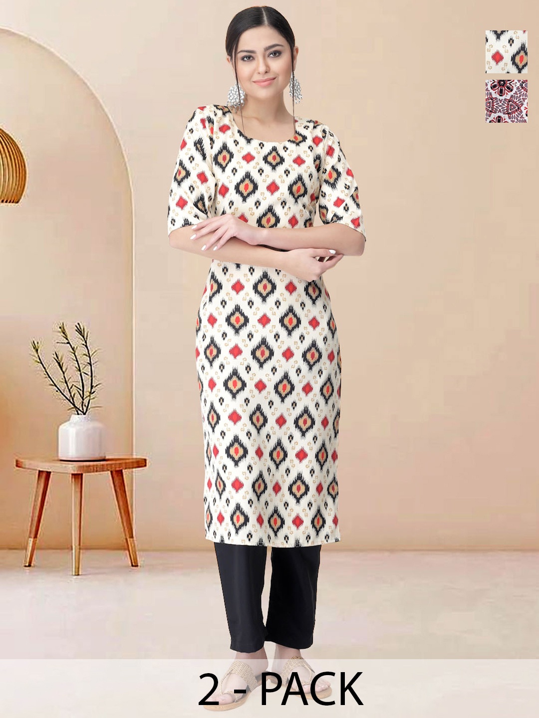 

Moda Rapido Pack of 2 Printed Straight Kurta with Trousers, White