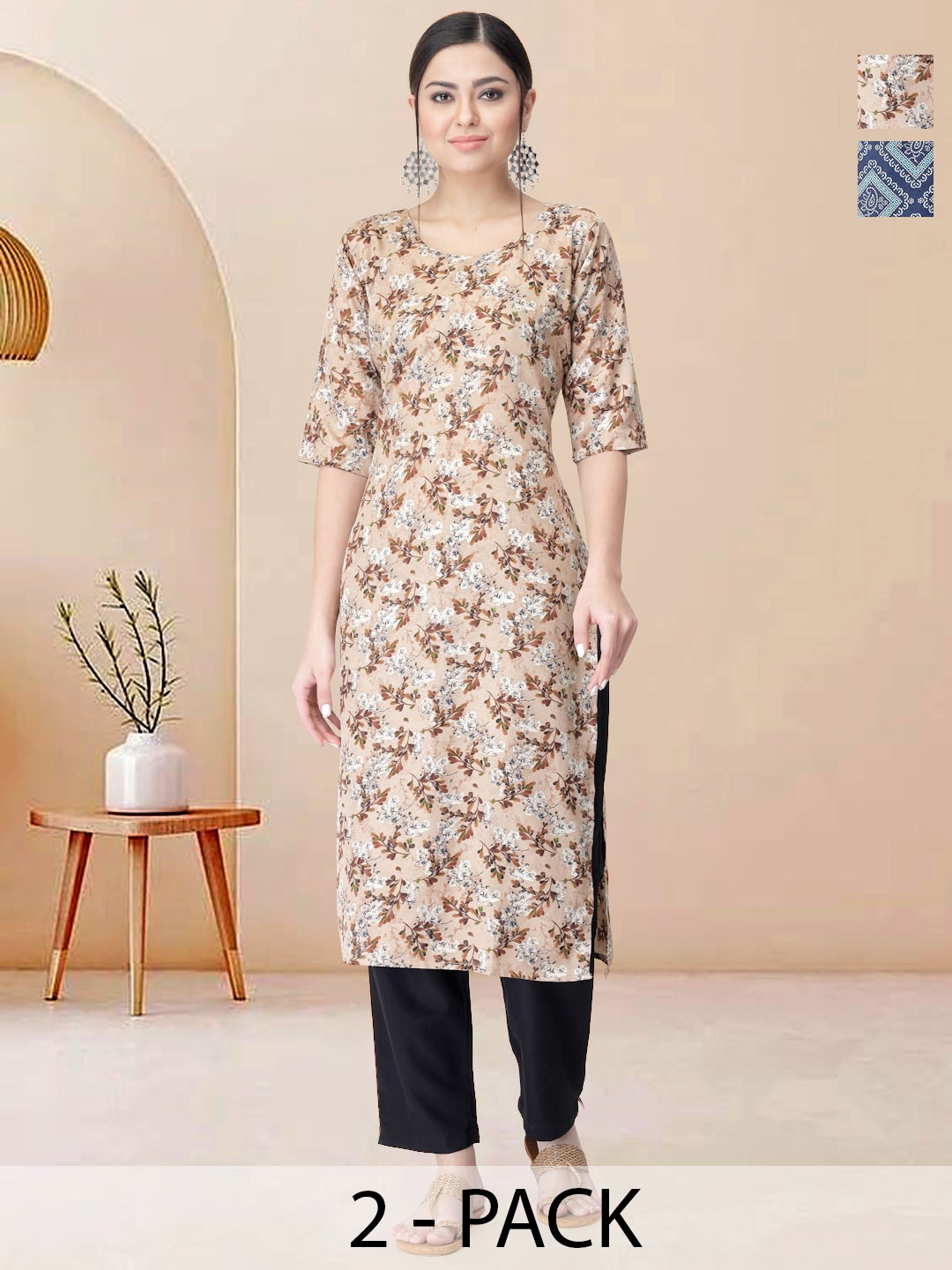 

Moda Rapido Pack of 2 Printed Straight Kurta with Trousers, Beige