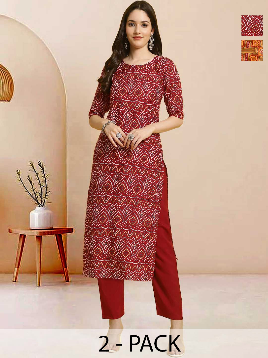 

Moda Rapido Pack of 2 Printed Straight Kurta with Trousers, Orange