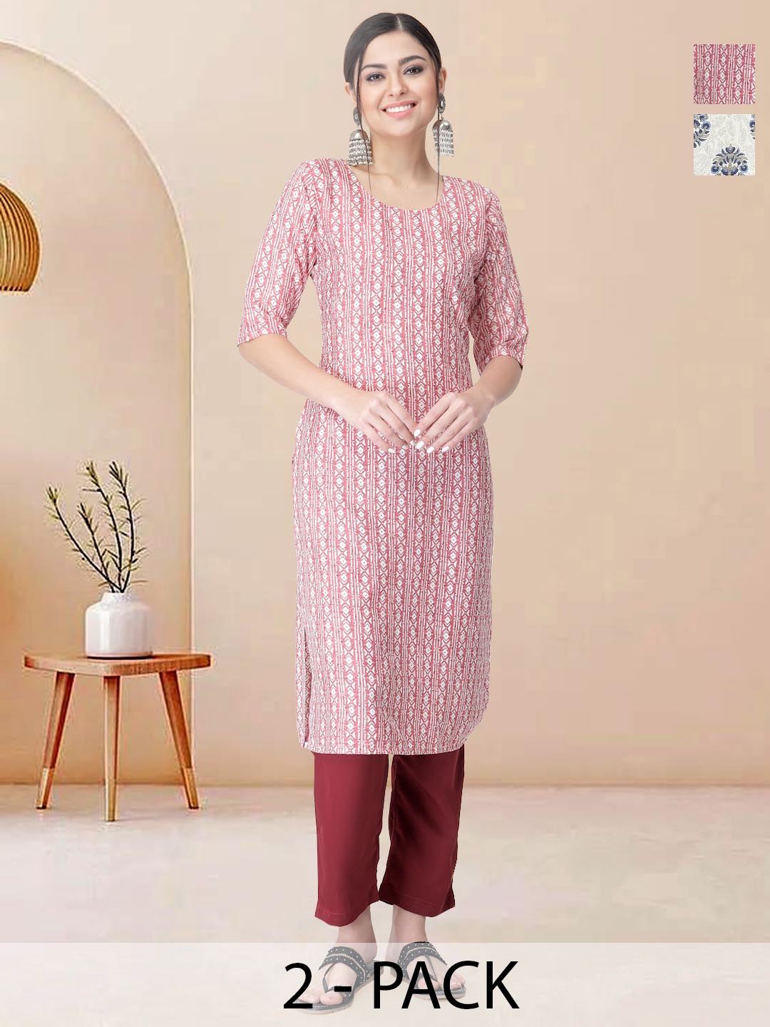 

Moda Rapido Pack of 2 Printed Straight Kurta with Trousers, Red