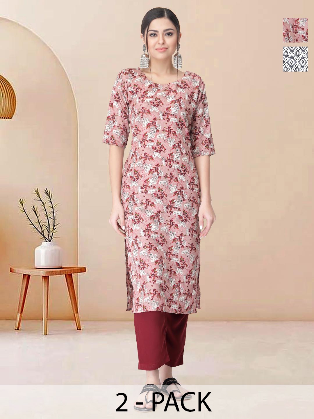 

Moda Rapido Pack of 2 Printed Straight Kurta with Trousers, White
