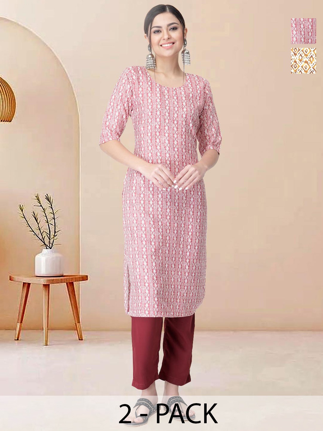 

Moda Rapido Pack of 2 Printed Straight Kurta with Trousers, Cream