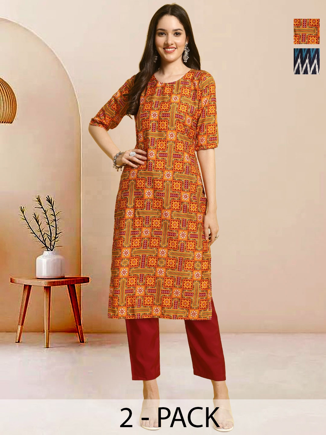 

Moda Rapido Pack of 2 Printed Straight Kurta with Trousers, Orange