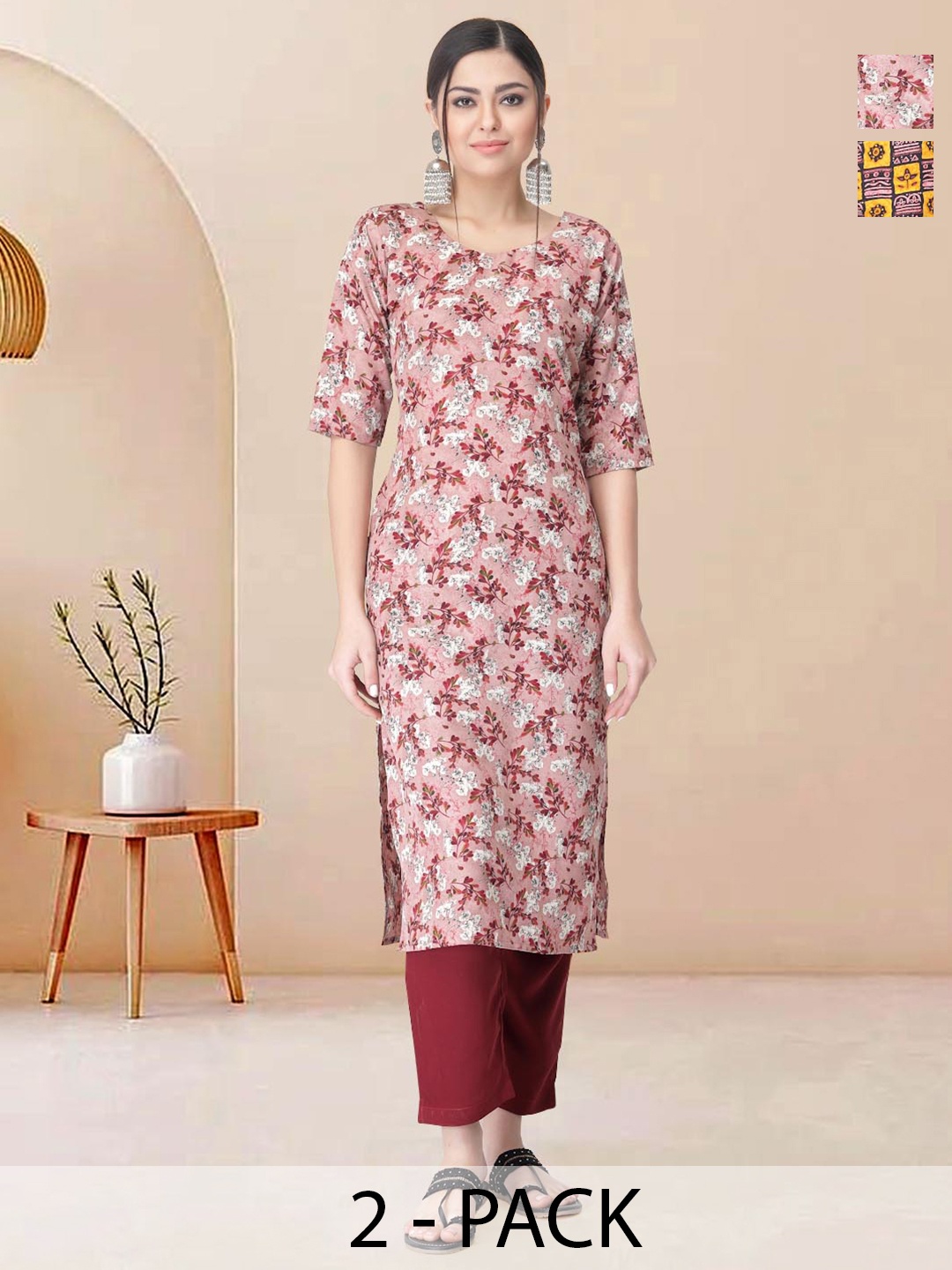 

Moda Rapido Pack of 2 Printed Straight Kurta with Trousers, Pink