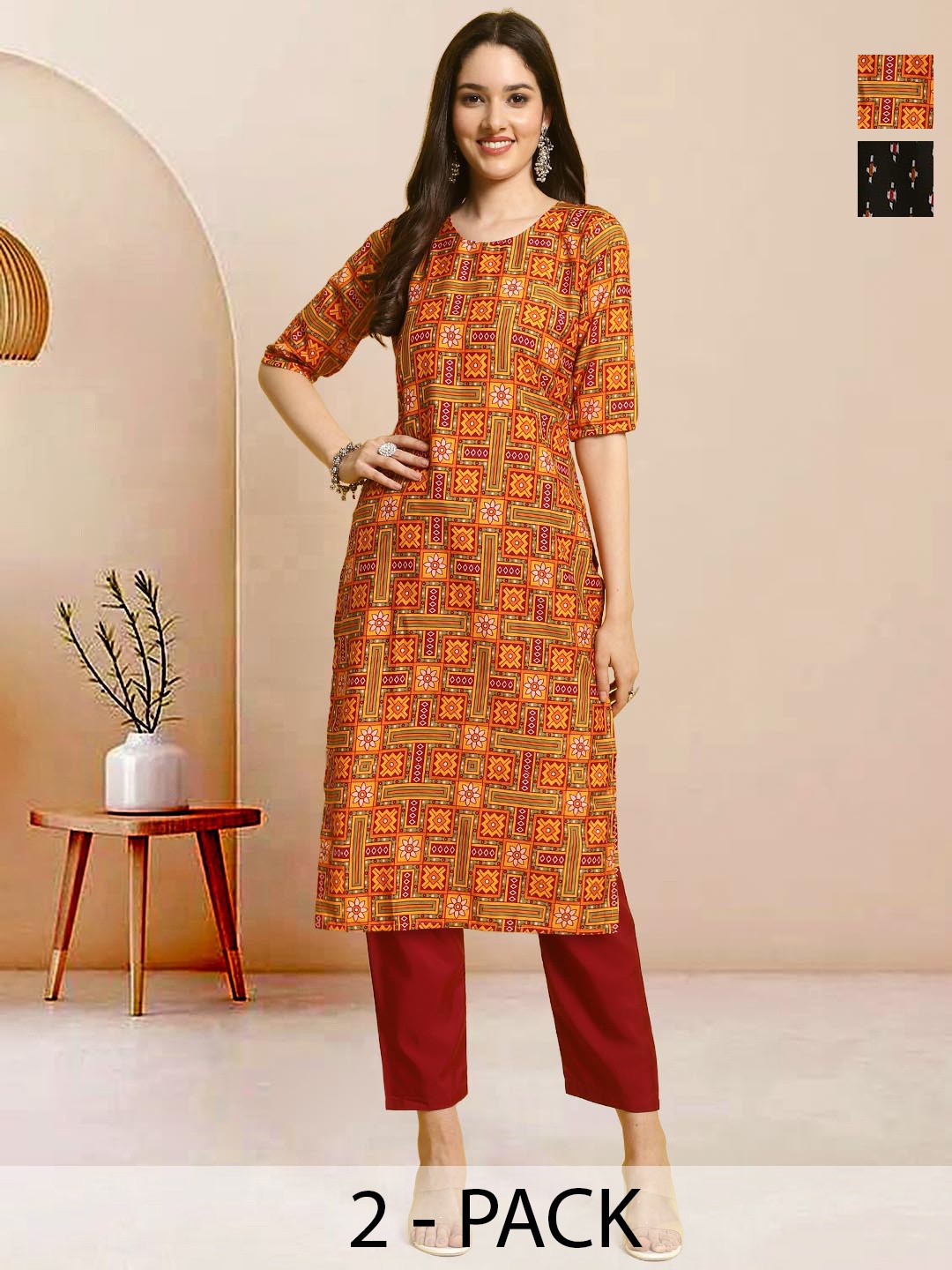 

Moda Rapido Pack of 2 Printed Straight Kurta with Trousers, Orange