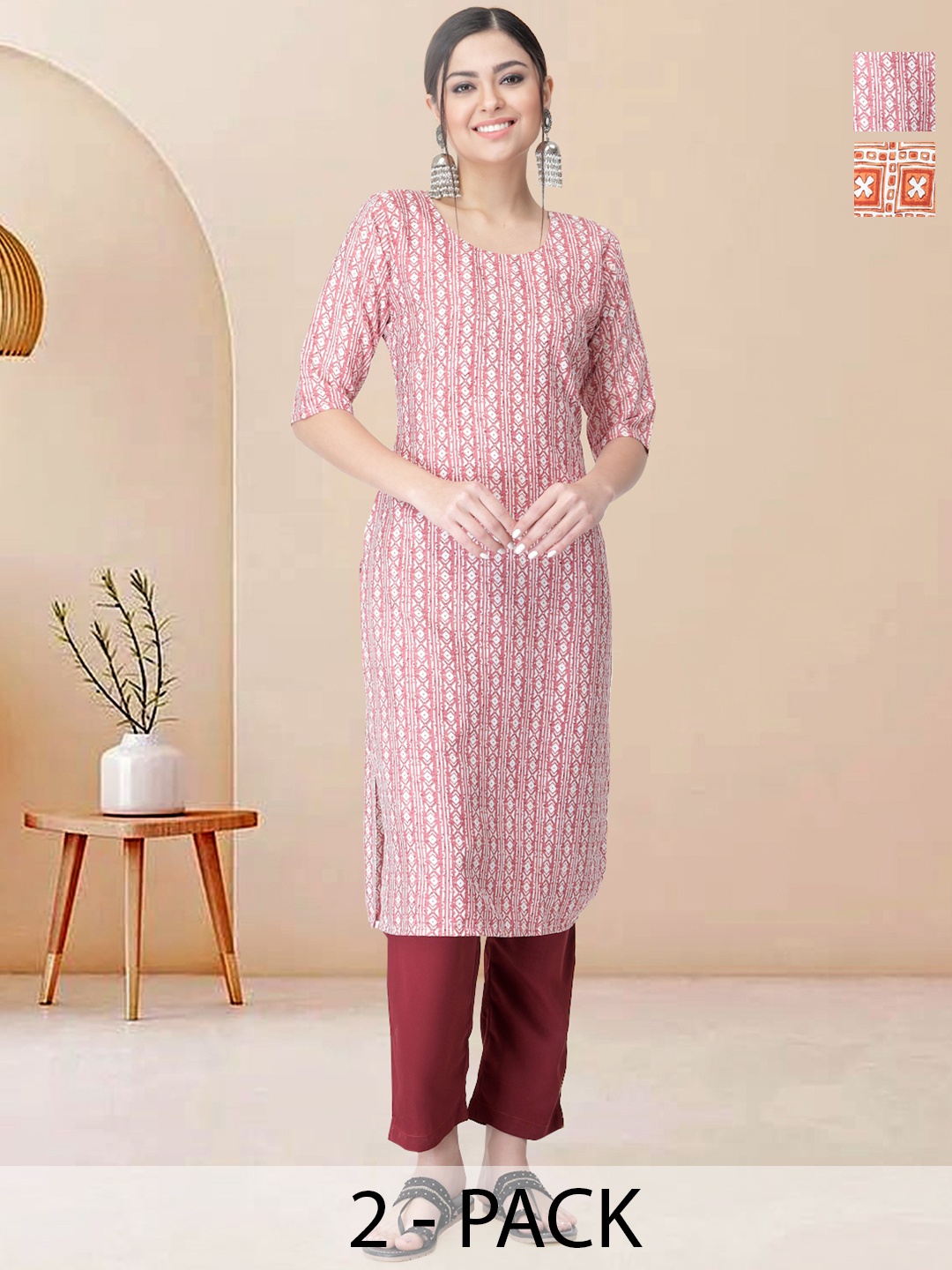 

Moda Rapido Pack of 2 Printed Straight Kurta with Trousers, Orange