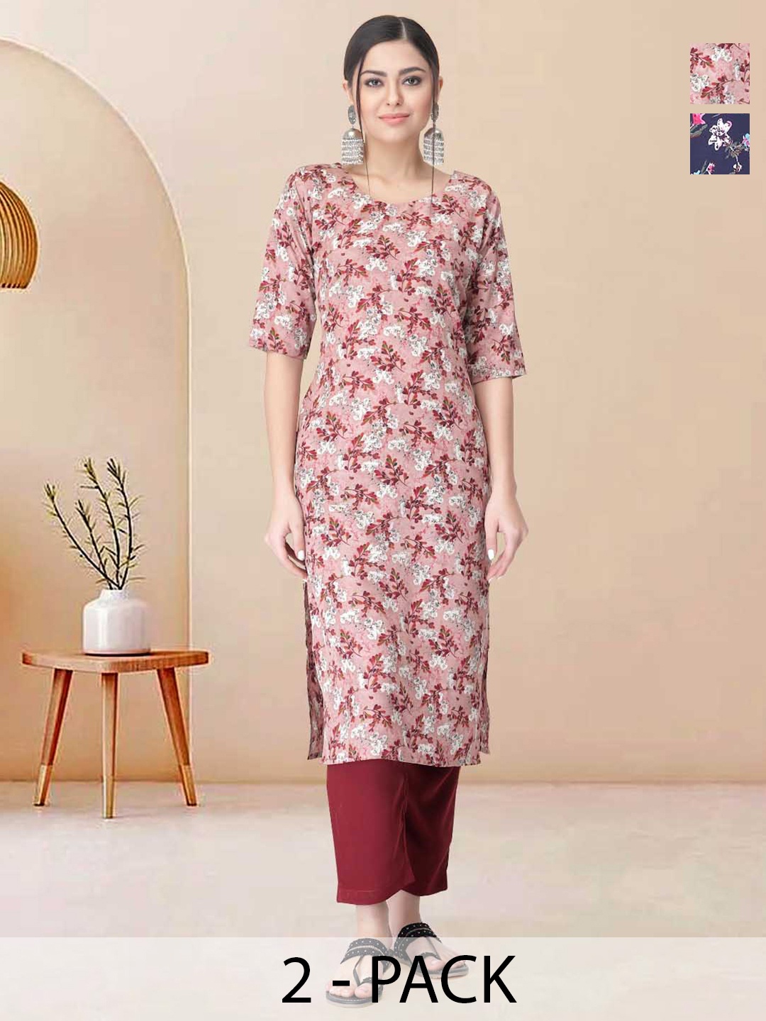 

Moda Rapido Pack of 2 Printed Straight Kurta with Trousers, Pink