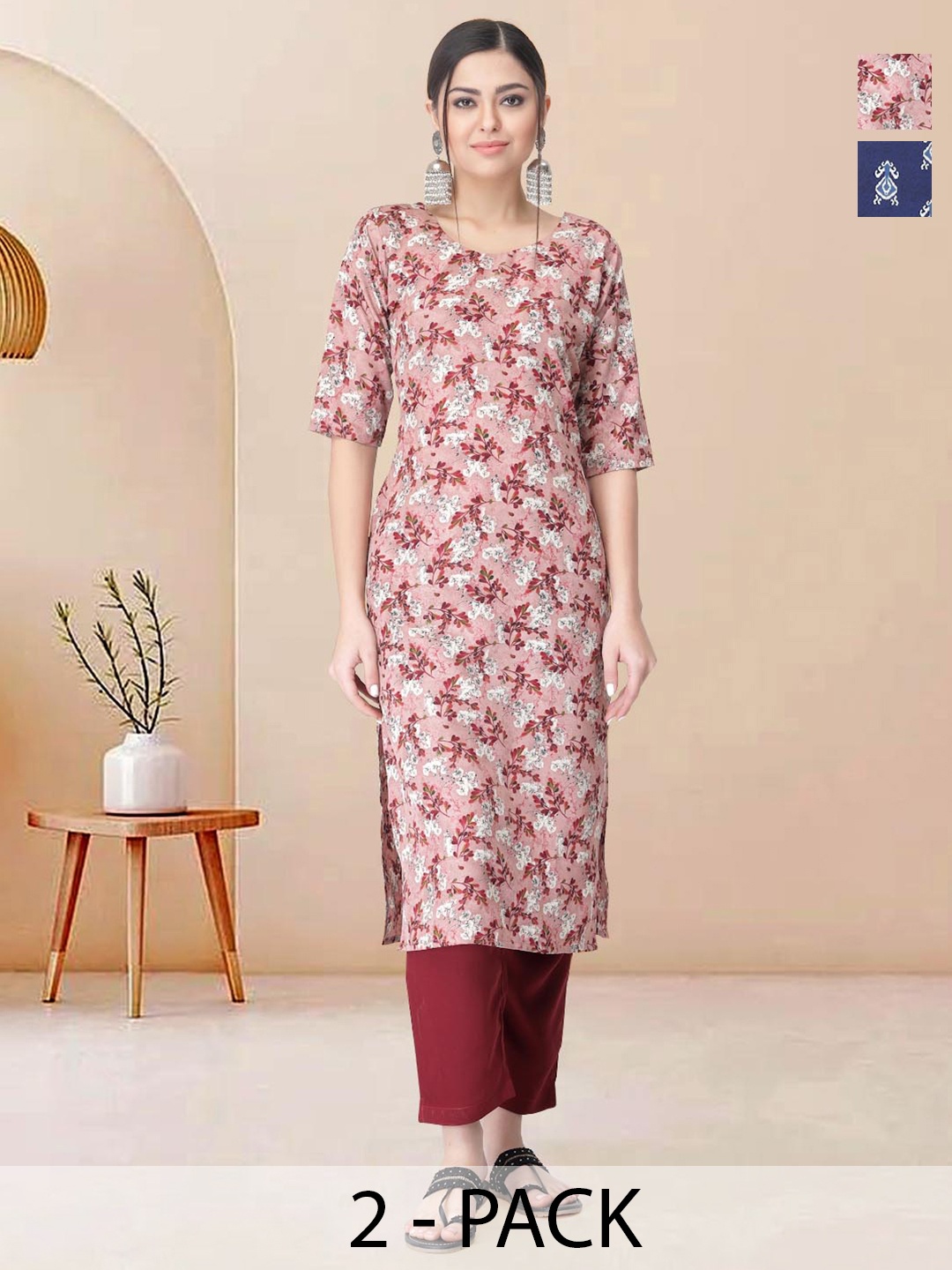 

Moda Rapido Pack of 2 Printed Straight Kurta with Trousers, Red